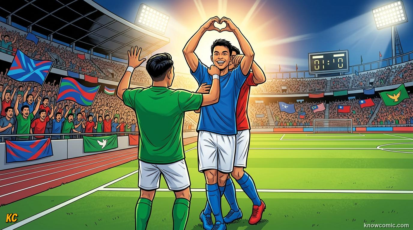 Comic panel titled three nations leading asia forward, labelled asian power, from the KnowComic World Cup 2026 lesson on india & asia's football dream