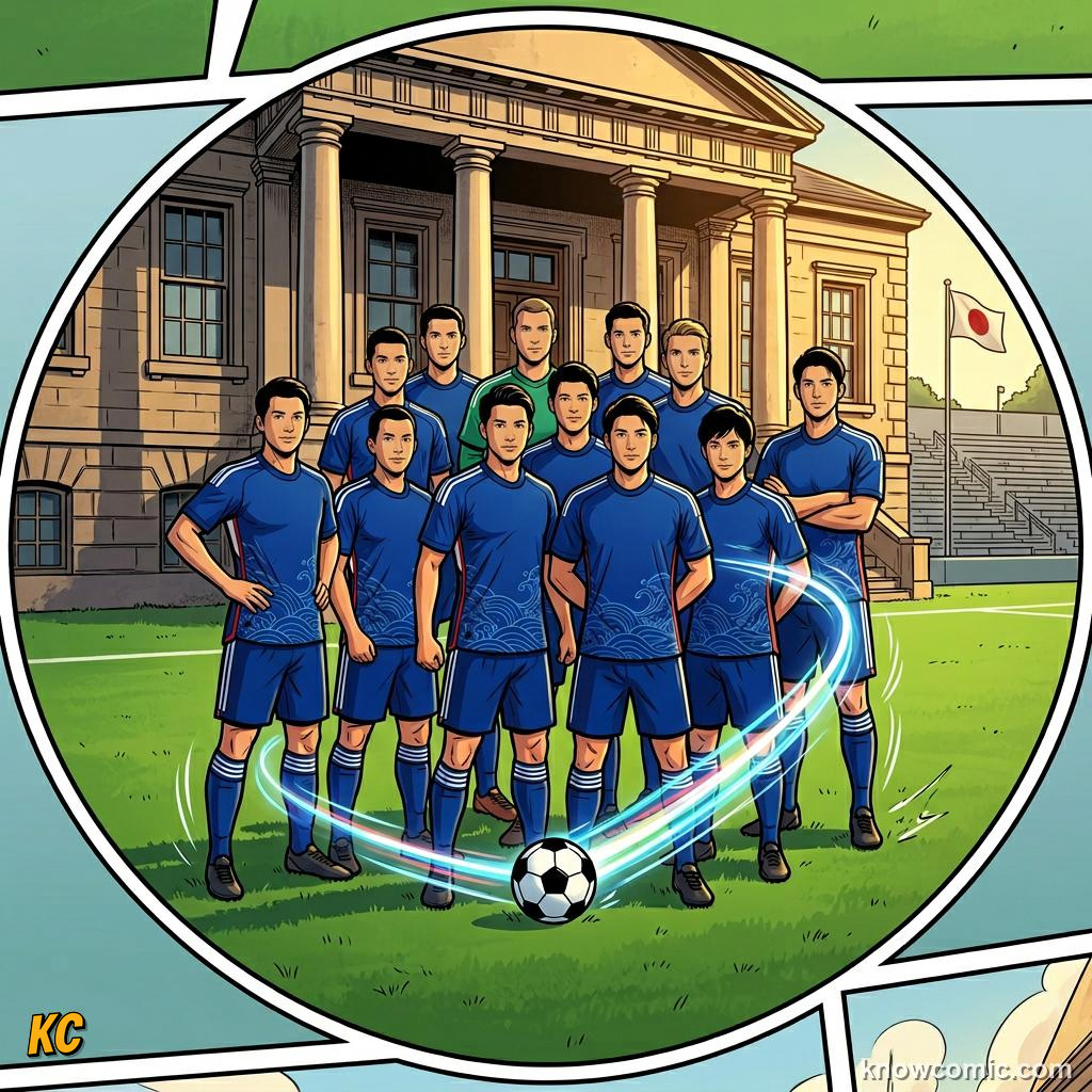 Comic panel titled three nations leading asia forward, labelled japan, from the KnowComic World Cup 2026 lesson on india & asia's football dream