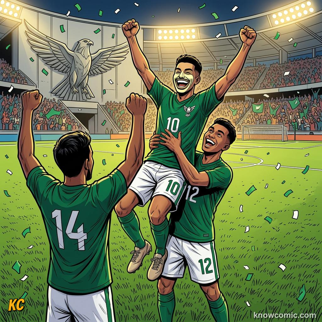 Comic panel titled three nations leading asia forward, labelled saudi, from the KnowComic World Cup 2026 lesson on india & asia's football dream