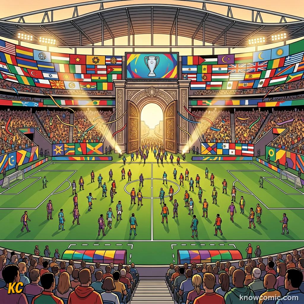 Comic panel labelled 2026, illustrating india & asia's football dream in KnowComic's World Cup 2026 series