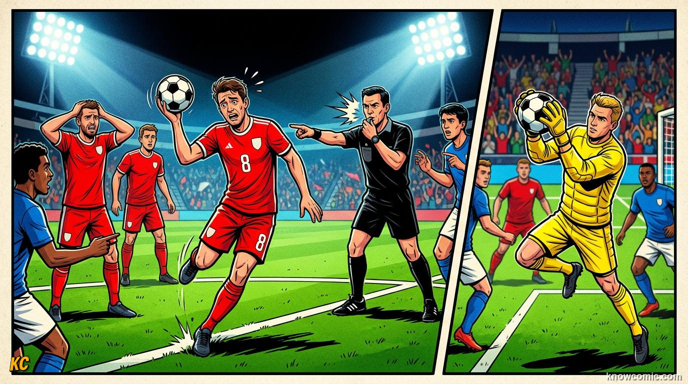Comic panel titled what is handball, labelled the basic rule, from the KnowComic World Cup 2026 lesson on handball: the trickiest rule