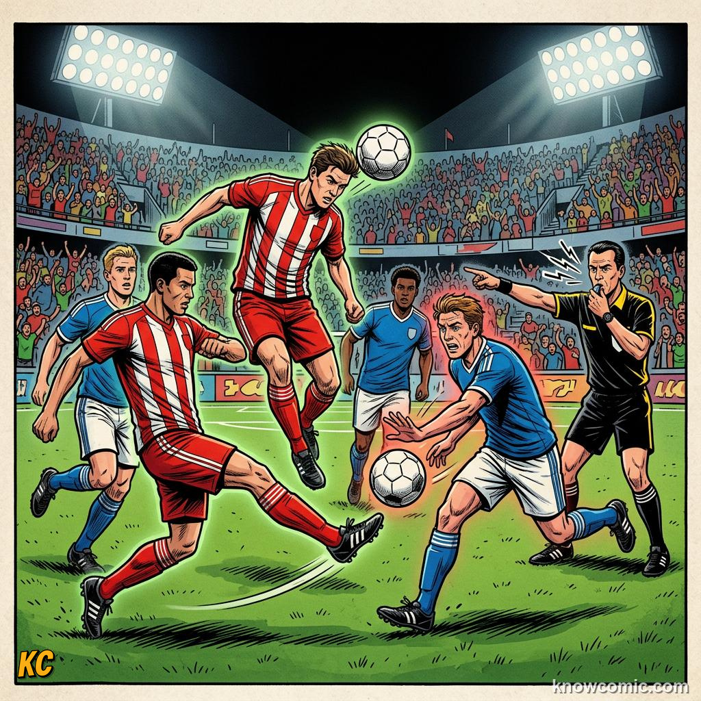 Comic panel titled when play continues, labelled field players, from the KnowComic World Cup 2026 lesson on handball: the trickiest rule