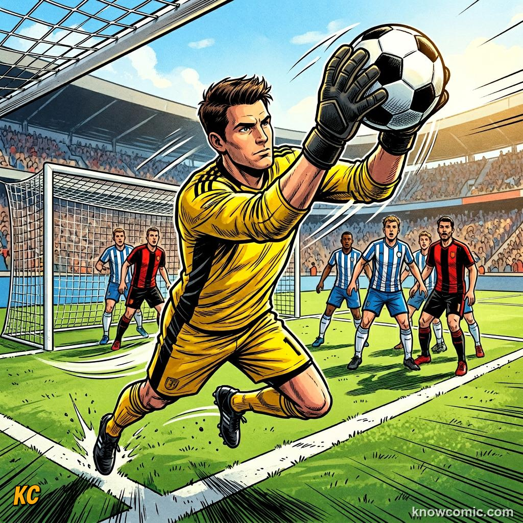 Comic panel titled when play continues, labelled goalkeeper zone, from the KnowComic World Cup 2026 lesson on handball: the trickiest rule