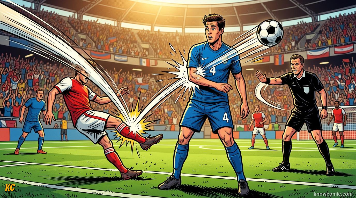 Comic panel titled when play continues, labelled accidental touch, from the KnowComic World Cup 2026 lesson on handball: the trickiest rule