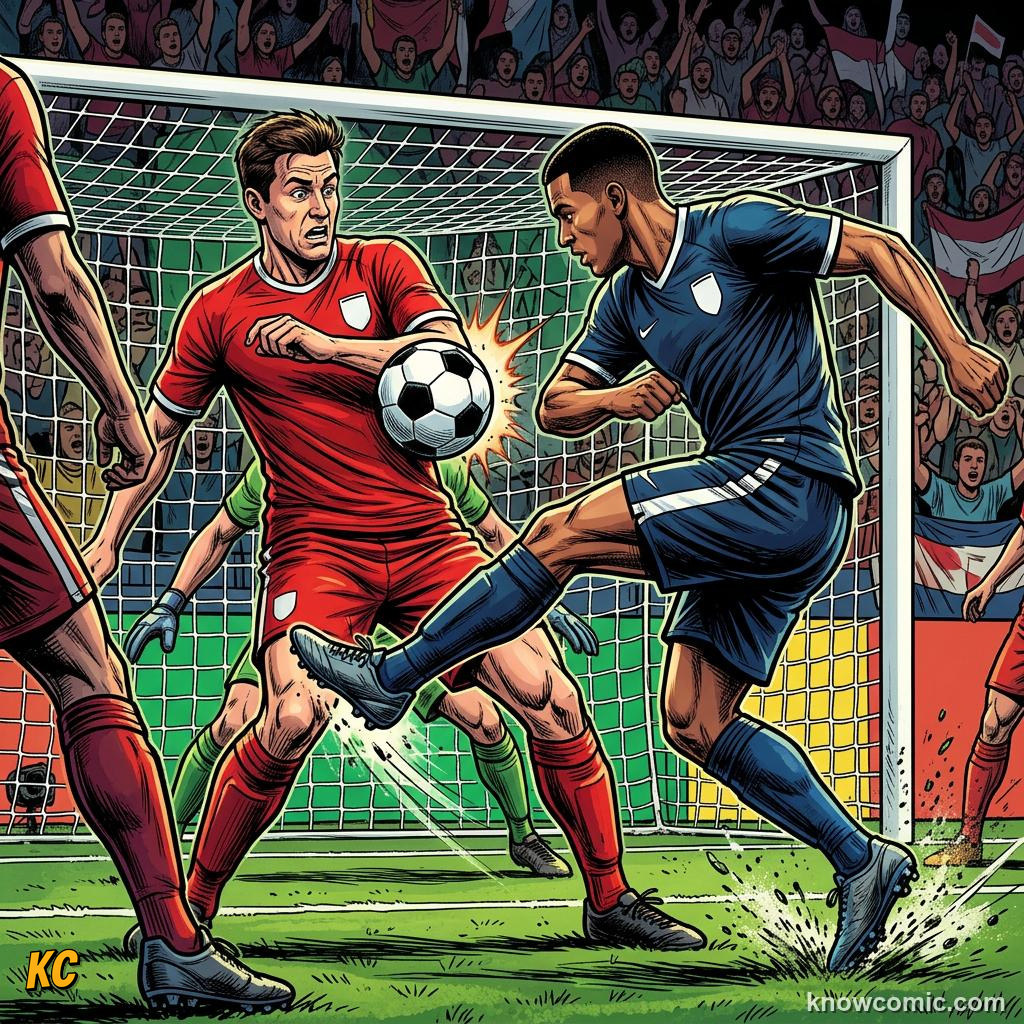 Comic panel titled clear handball fouls, labelled too close, from the KnowComic World Cup 2026 lesson on handball: the trickiest rule