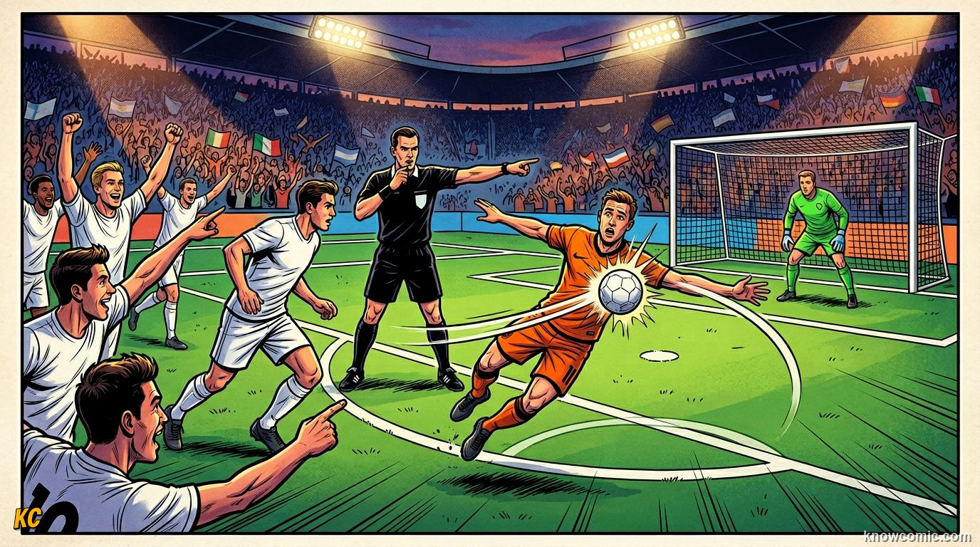 Comic panel titled clear handball fouls, labelled punishment time, from the KnowComic World Cup 2026 lesson on handball: the trickiest rule