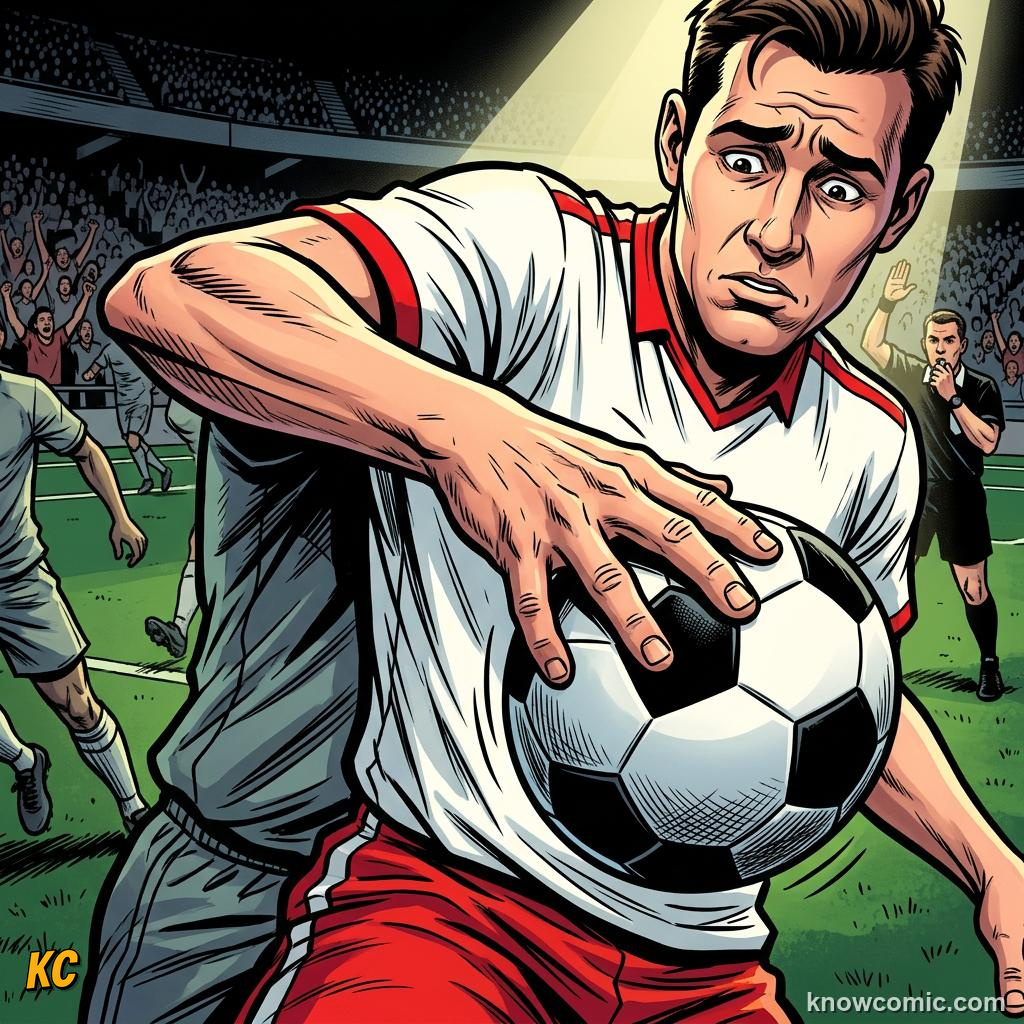 Comic panel titled clear handball fouls, labelled deliberate, from the KnowComic World Cup 2026 lesson on handball: the trickiest rule