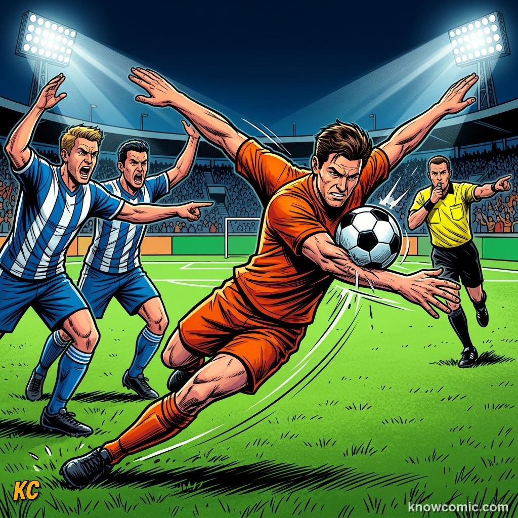 Comic panel titled clear handball fouls, labelled bigger body, from the KnowComic World Cup 2026 lesson on handball: the trickiest rule