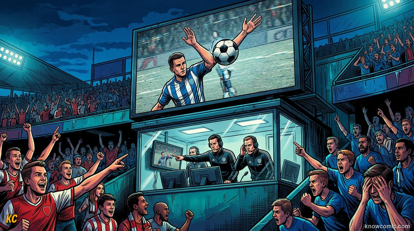 Comic panel titled slow motion changes everything, labelled why experts argue, from the KnowComic World Cup 2026 lesson on handball: the trickiest rule