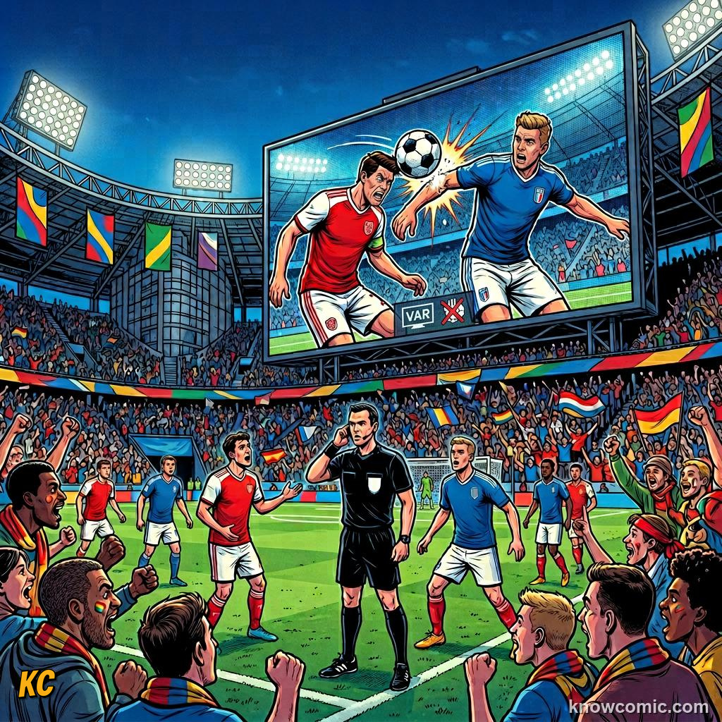 Comic panel titled how to read handball live, labelled var check, from the KnowComic World Cup 2026 lesson on handball: the trickiest rule