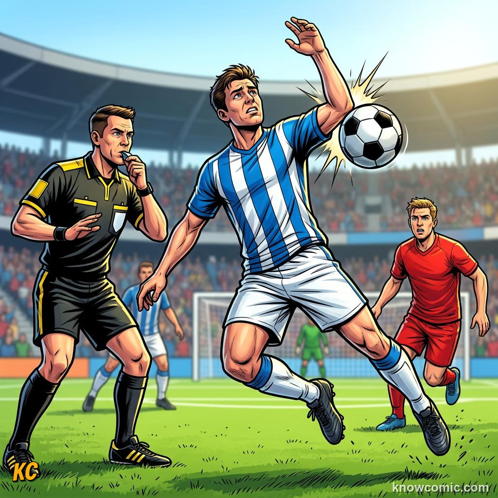 Comic panel titled how to read handball live, labelled above shoulder, from the KnowComic World Cup 2026 lesson on handball: the trickiest rule