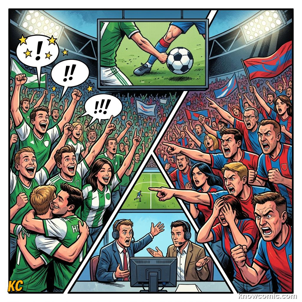 Comic panel titled how to read handball live, labelled split opinions, from the KnowComic World Cup 2026 lesson on handball: the trickiest rule