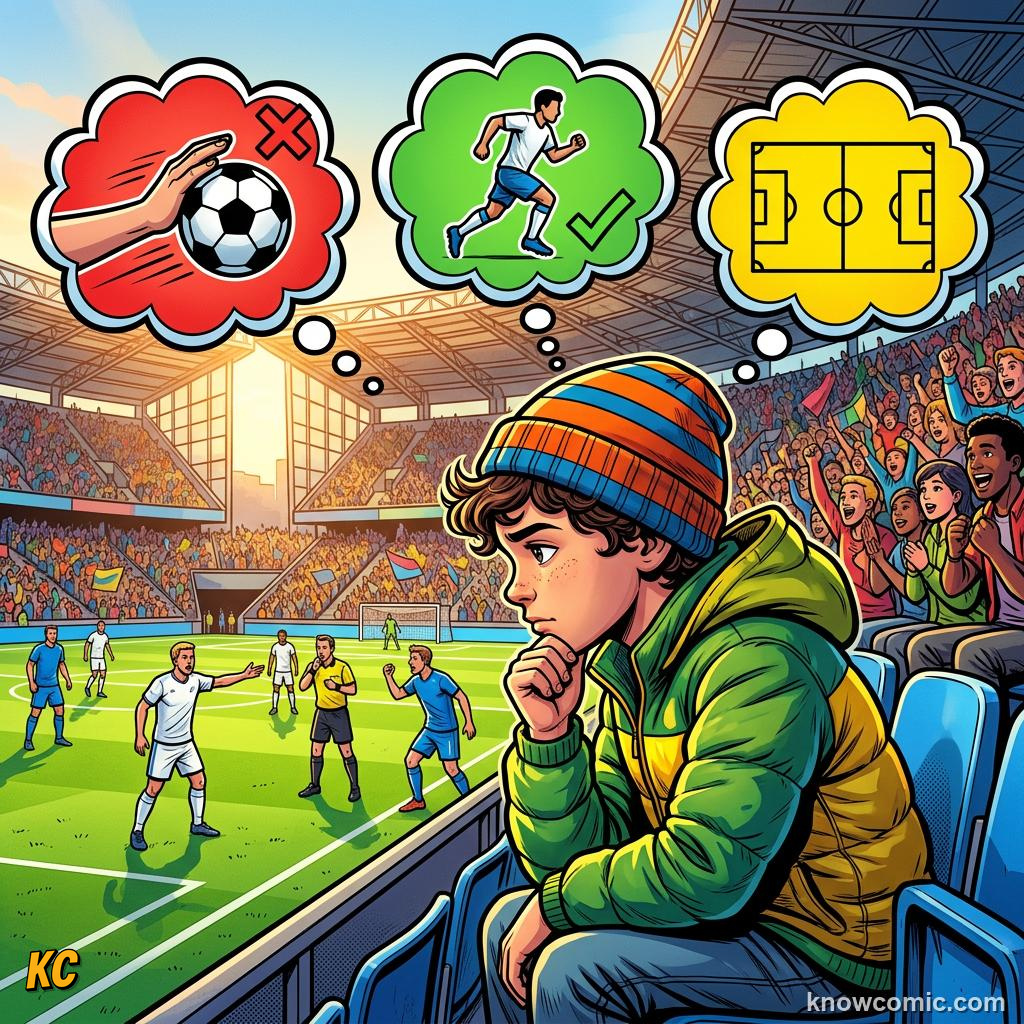 Comic panel labelled three questions, illustrating handball: the trickiest rule in KnowComic's World Cup 2026 series