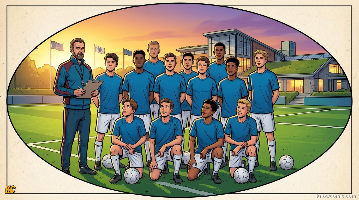 Comic panel titled where future stars grow up, labelled academy life, from the KnowComic World Cup 2026 lesson on youth academies: how stars begin