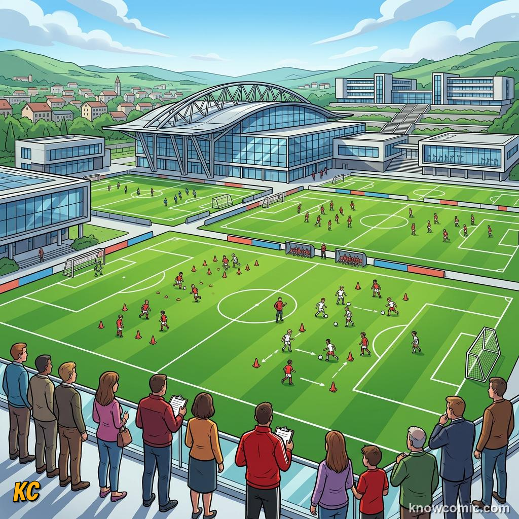Comic panel titled the daily grind that builds greatness, labelled famous, from the KnowComic World Cup 2026 lesson on youth academies: how stars begin