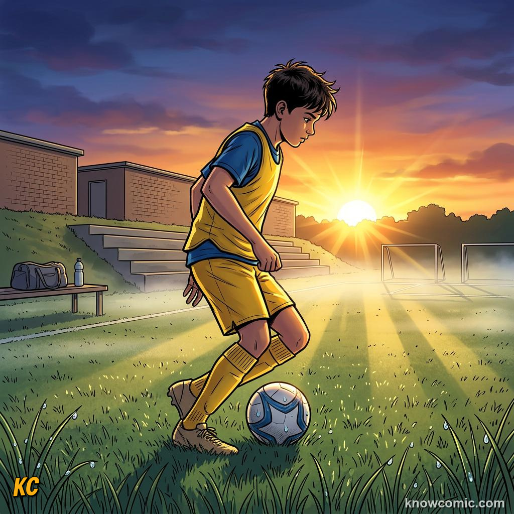 Comic panel titled the daily grind that builds greatness, labelled daily, from the KnowComic World Cup 2026 lesson on youth academies: how stars begin