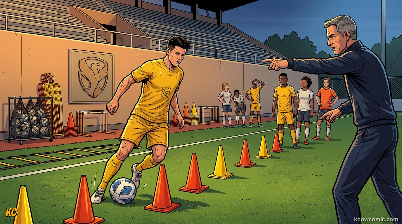 Comic panel titled the daily grind that builds greatness, labelled training, from the KnowComic World Cup 2026 lesson on youth academies: how stars begin