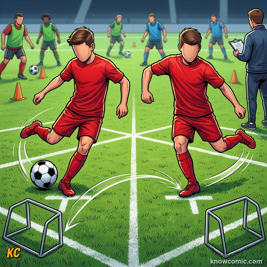 Comic panel titled books and boots the double life, labelled technique, from the KnowComic World Cup 2026 lesson on youth academies: how stars begin