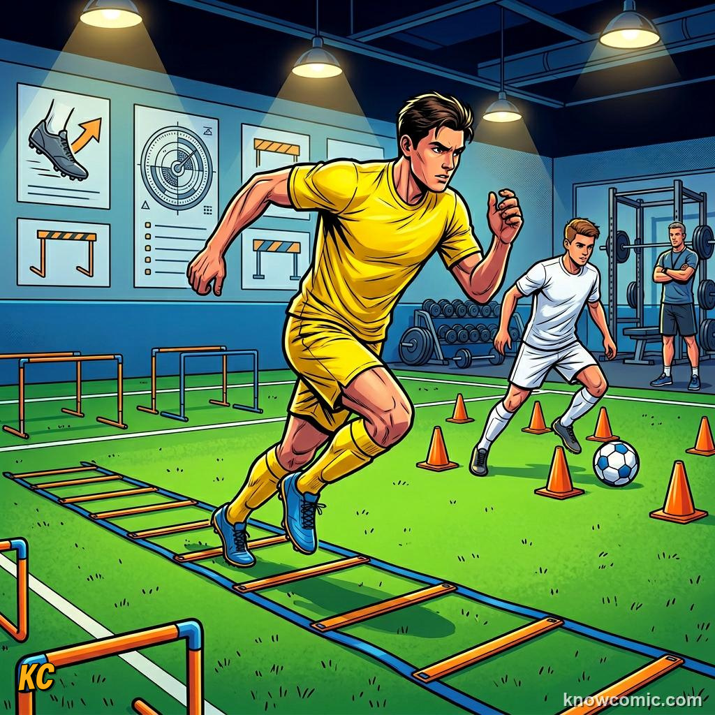 Comic panel titled books and boots the double life, labelled fitness, from the KnowComic World Cup 2026 lesson on youth academies: how stars begin