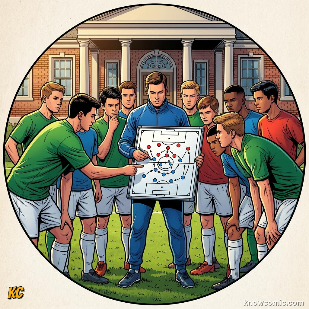 Comic panel titled books and boots the double life, labelled tactics, from the KnowComic World Cup 2026 lesson on youth academies: how stars begin