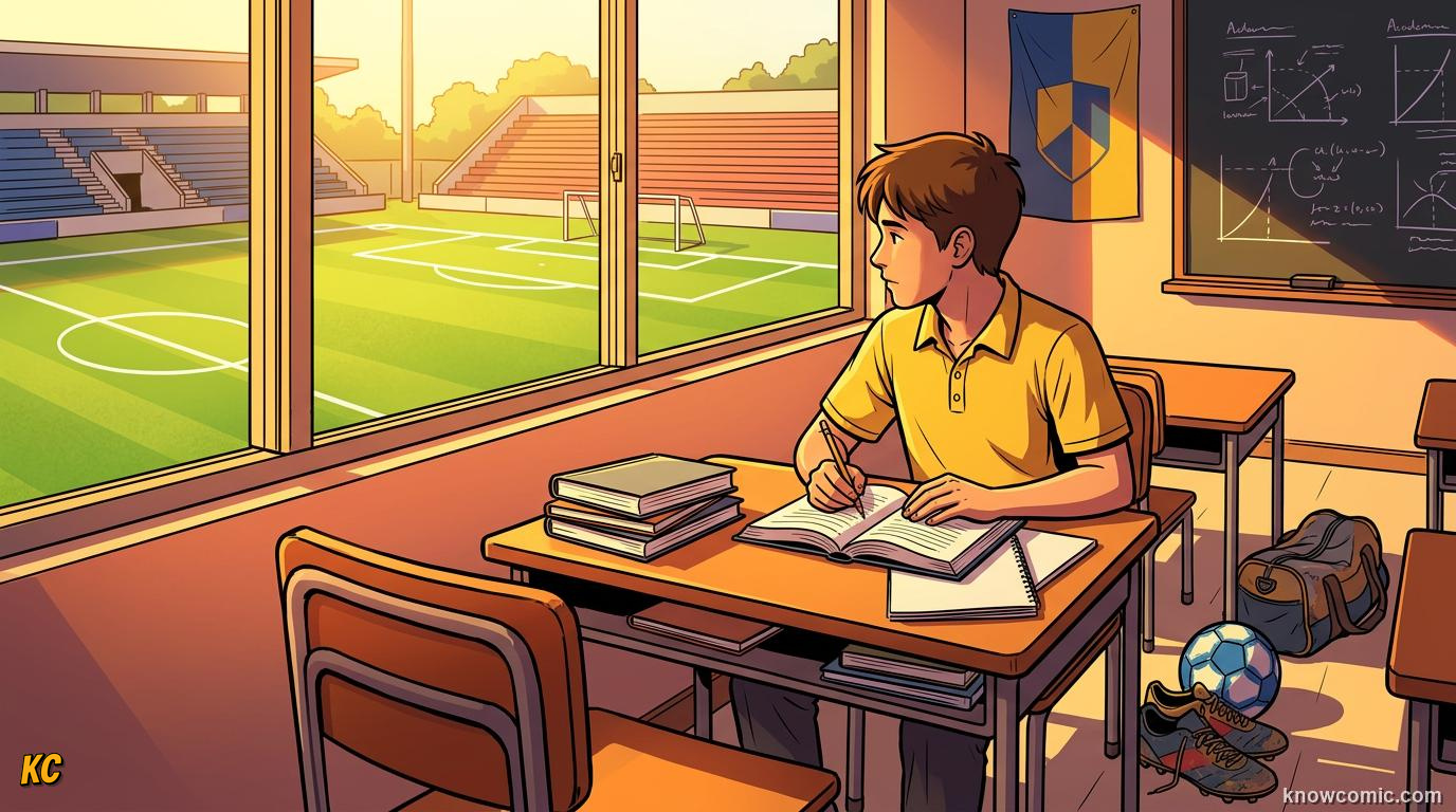 Comic panel titled books and boots the double life, labelled school, from the KnowComic World Cup 2026 lesson on youth academies: how stars begin