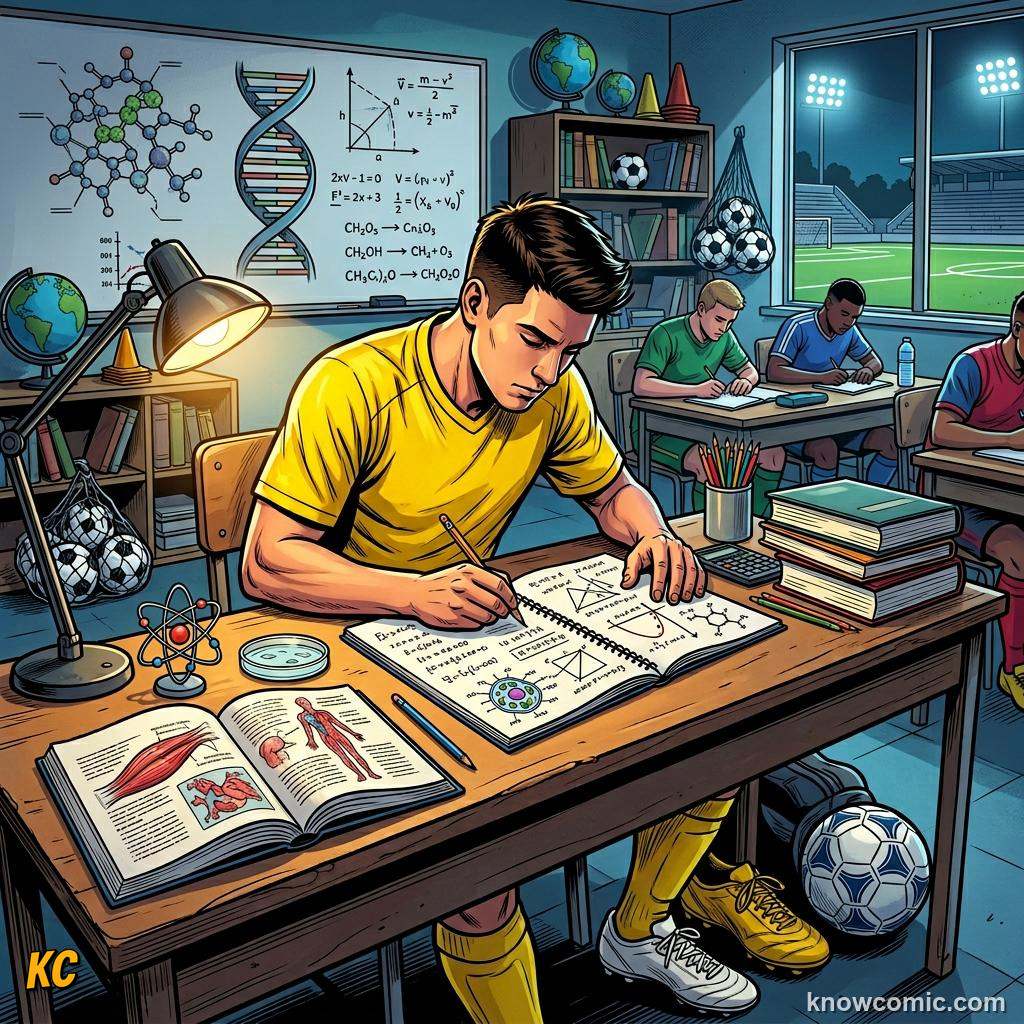 Comic panel titled books and boots the double life, labelled classroom, from the KnowComic World Cup 2026 lesson on youth academies: how stars begin