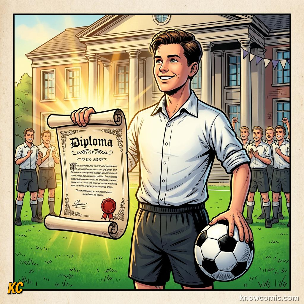 Comic panel titled books and boots the double life, labelled backup plan, from the KnowComic World Cup 2026 lesson on youth academies: how stars begin