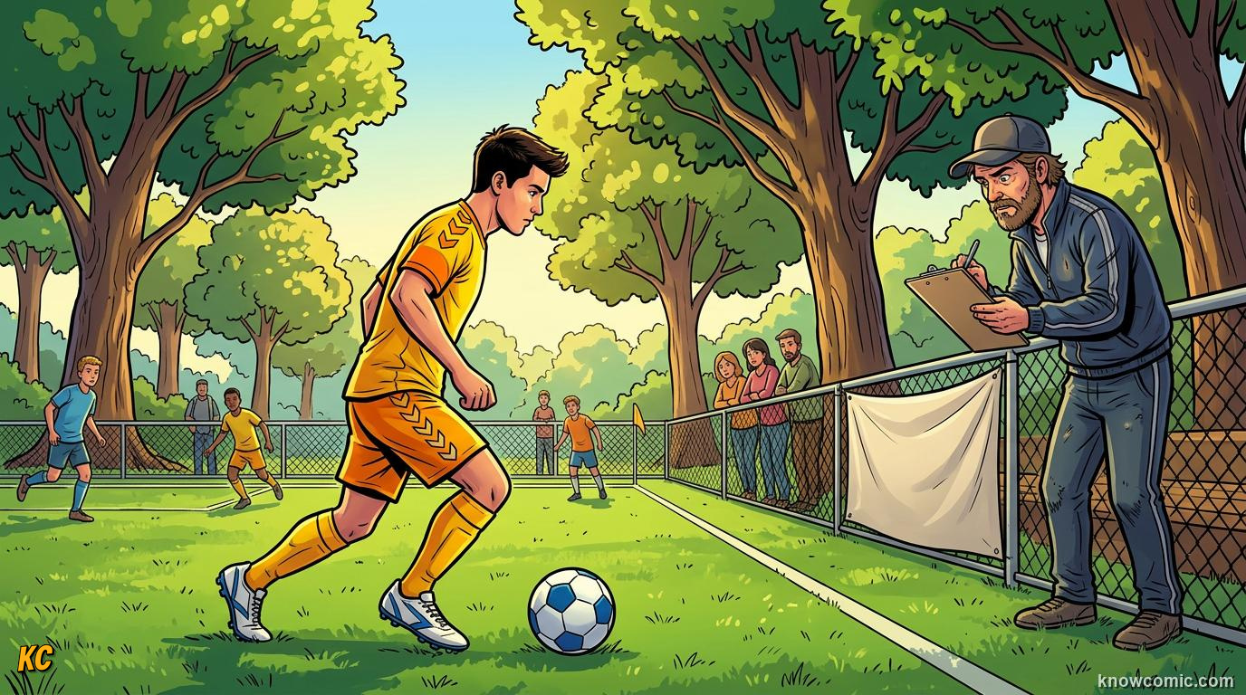 Comic panel titled how talent gets discovered, labelled scouting, from the KnowComic World Cup 2026 lesson on youth academies: how stars begin