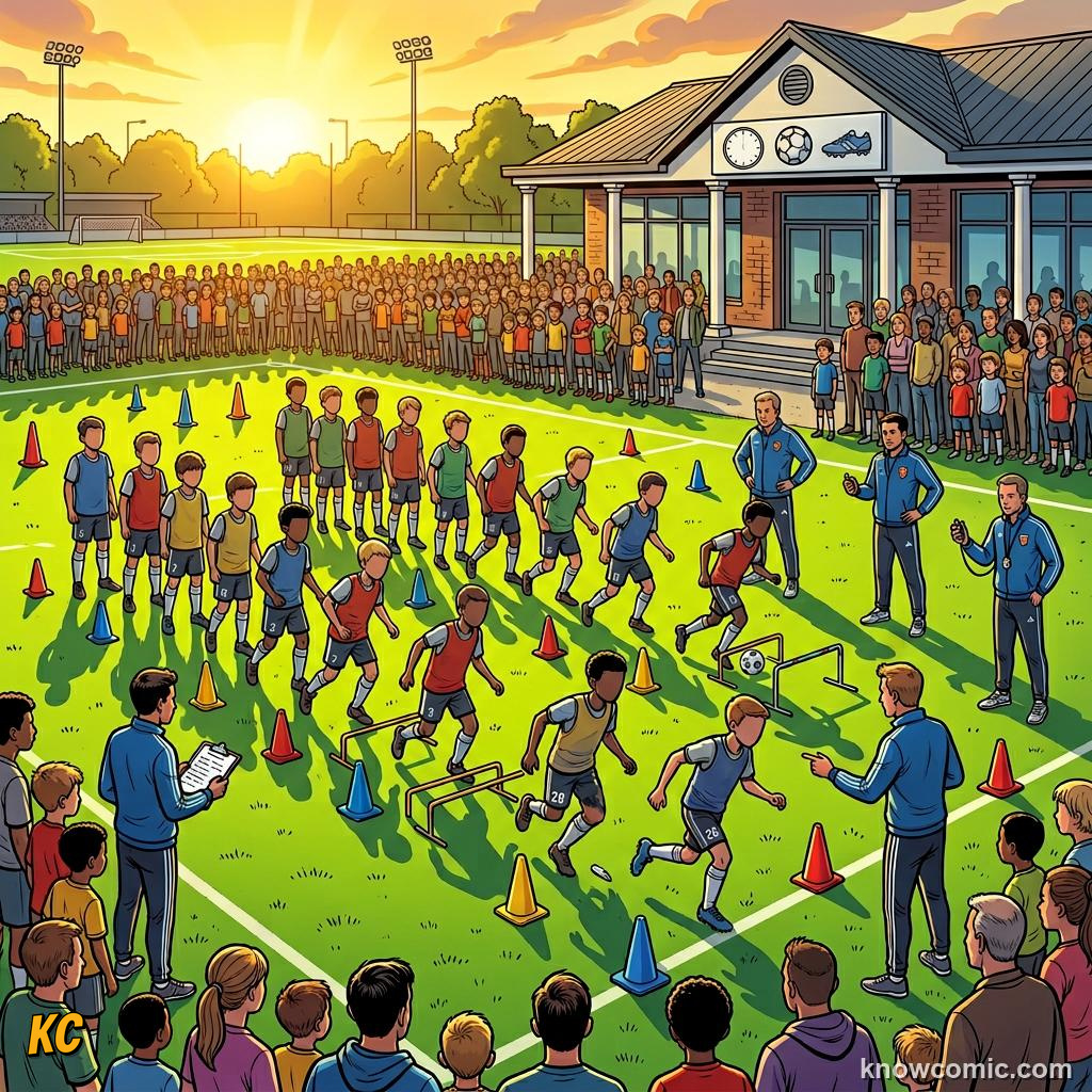 Comic panel titled from academy graduate to world cup hero, labelled trials, from the KnowComic World Cup 2026 lesson on youth academies: how stars begin