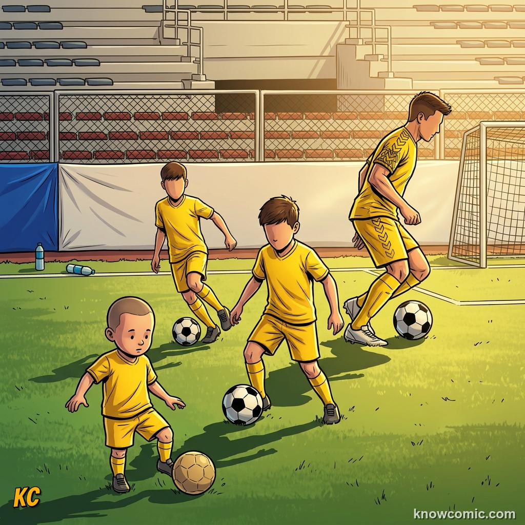 Comic panel titled from academy graduate to world cup hero, labelled ages, from the KnowComic World Cup 2026 lesson on youth academies: how stars begin