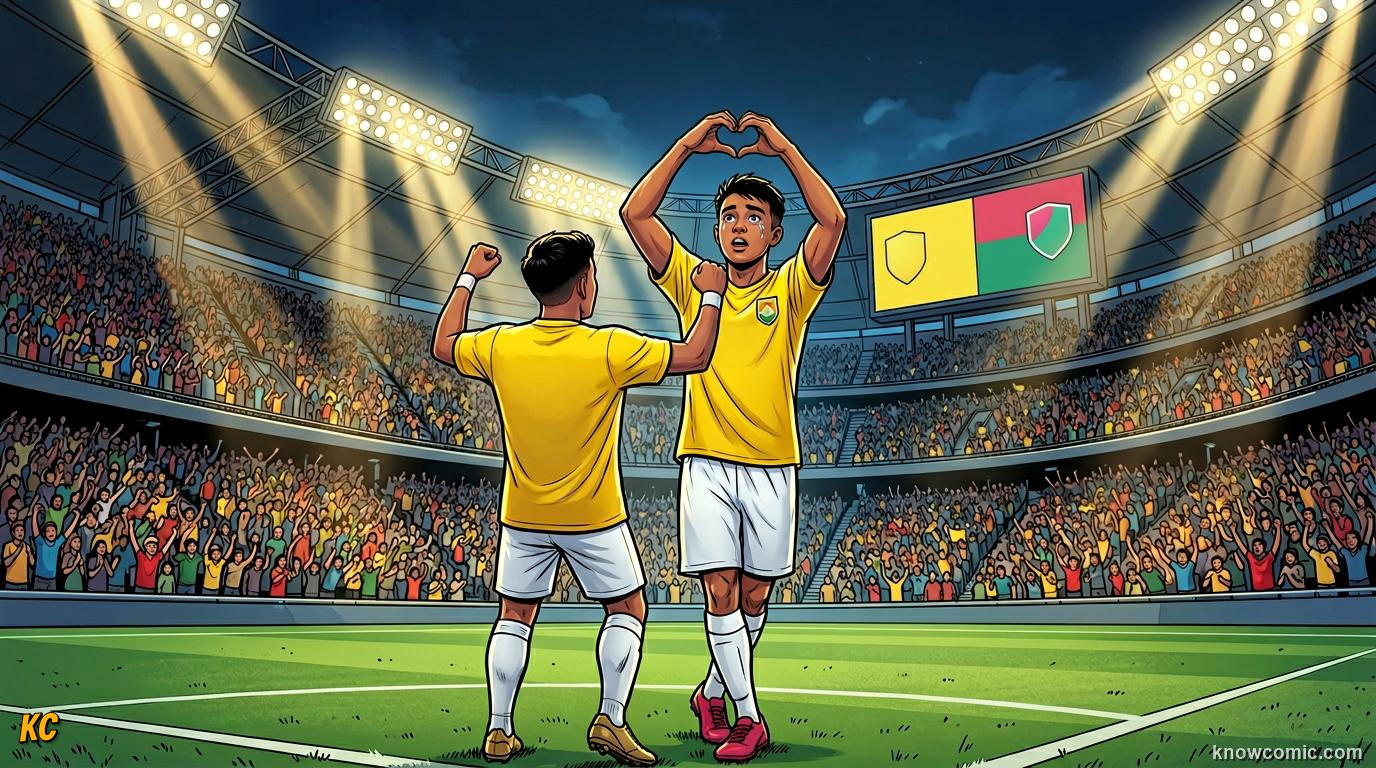 Comic panel titled from academy graduate to world cup hero, labelled pro path, from the KnowComic World Cup 2026 lesson on youth academies: how stars begin
