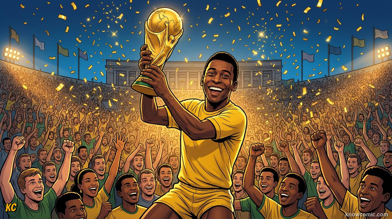 Comic panel titled when a player becomes a king, labelled the kings, from the KnowComic World Cup 2026 lesson on legends of the cup: the kings