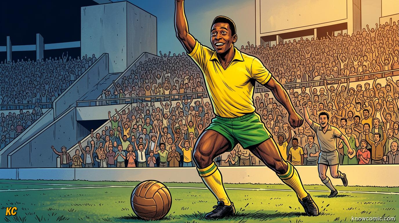 Comic panel titled the 17-year-old who conquered the world, labelled 1958-1970, from the KnowComic World Cup 2026 lesson on legends of the cup: the kings