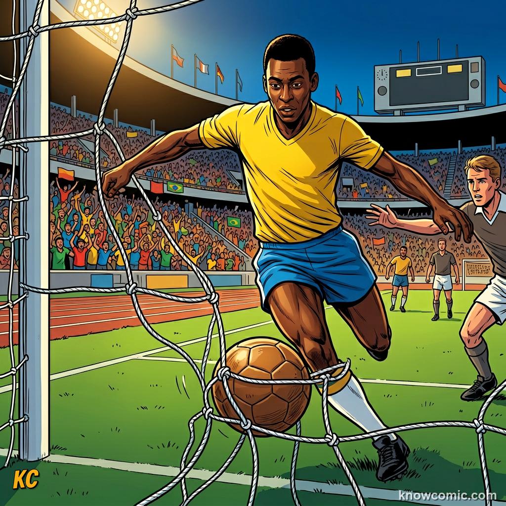 Comic panel titled one man, one tournament, one country, labelled 1958, from the KnowComic World Cup 2026 lesson on legends of the cup: the kings