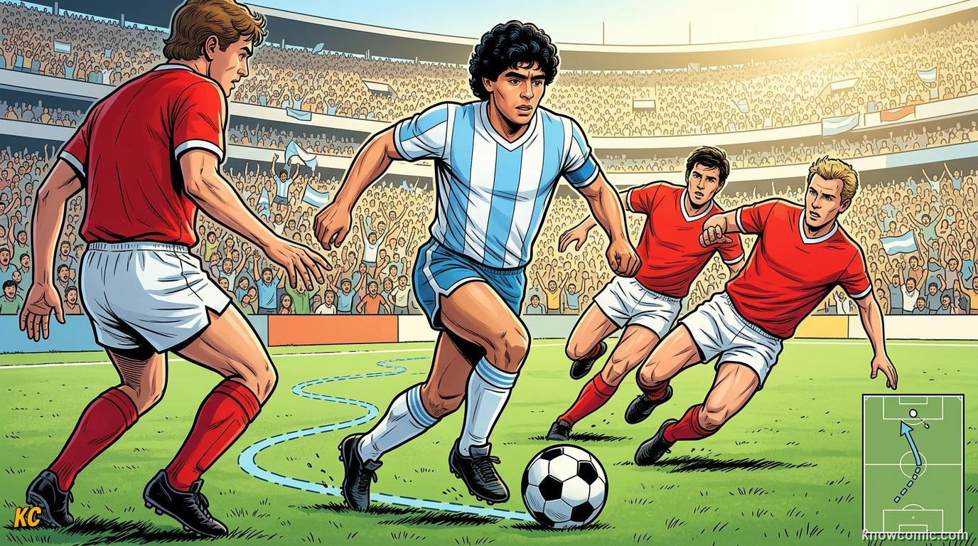 Comic panel titled one man, one tournament, one country, labelled genius, from the KnowComic World Cup 2026 lesson on legends of the cup: the kings