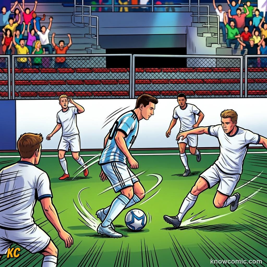 Comic panel titled one man, one tournament, one country, labelled dribble, from the KnowComic World Cup 2026 lesson on legends of the cup: the kings