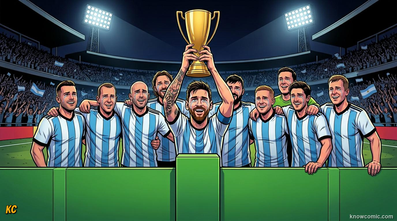 Comic panel titled messi's crowning night in qatar, labelled 2022, from the KnowComic World Cup 2026 lesson on legends of the cup: the kings