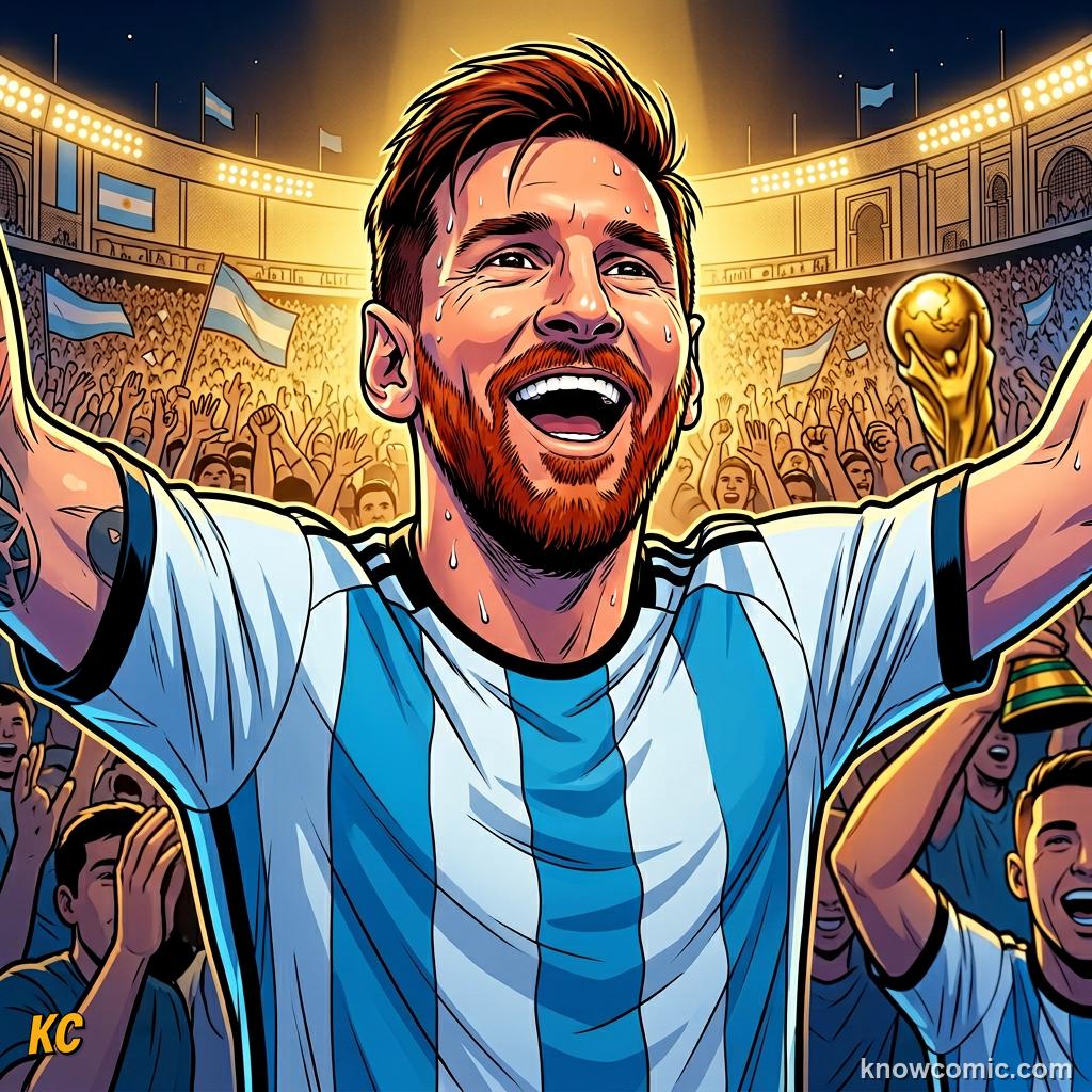 Comic panel titled why the kings still matter, labelled messi, from the KnowComic World Cup 2026 lesson on legends of the cup: the kings