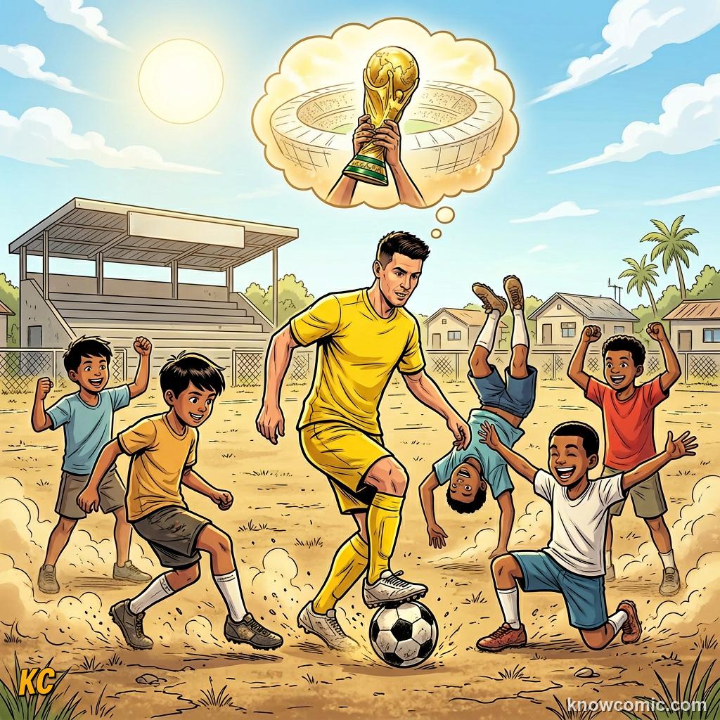 Comic panel labelled inspire, illustrating legends of the cup: the kings in KnowComic's World Cup 2026 series