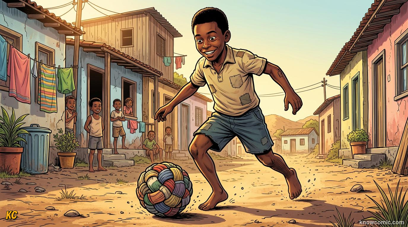 Comic panel titled edson arantes do nascimento, labelled bauru, 1940, from the KnowComic World Cup 2026 lesson on pelé: the king's story
