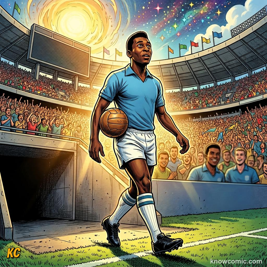 Comic panel titled the teenager who shocked the world, labelled santos, from the KnowComic World Cup 2026 lesson on pelé: the king's story