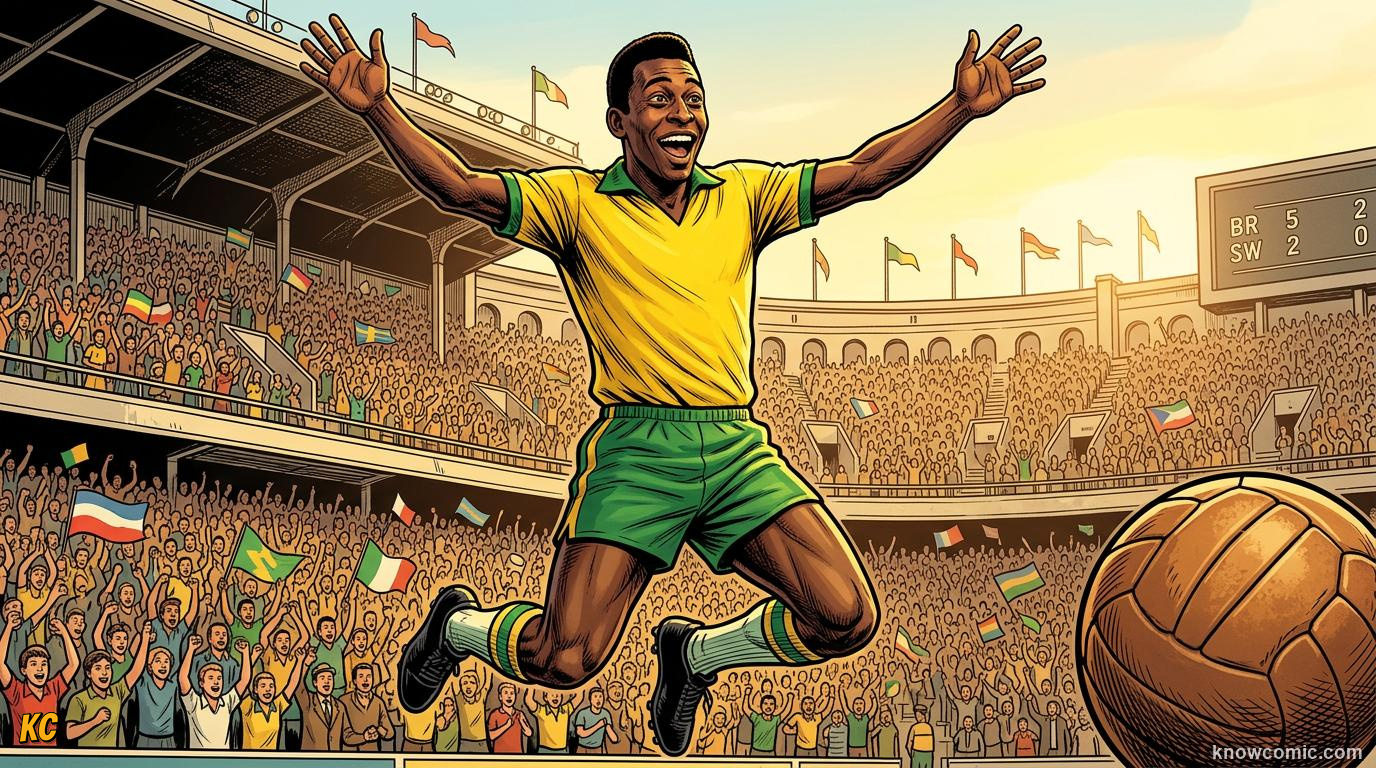 Comic panel titled the teenager who shocked the world, labelled age 17, from the KnowComic World Cup 2026 lesson on pelé: the king's story
