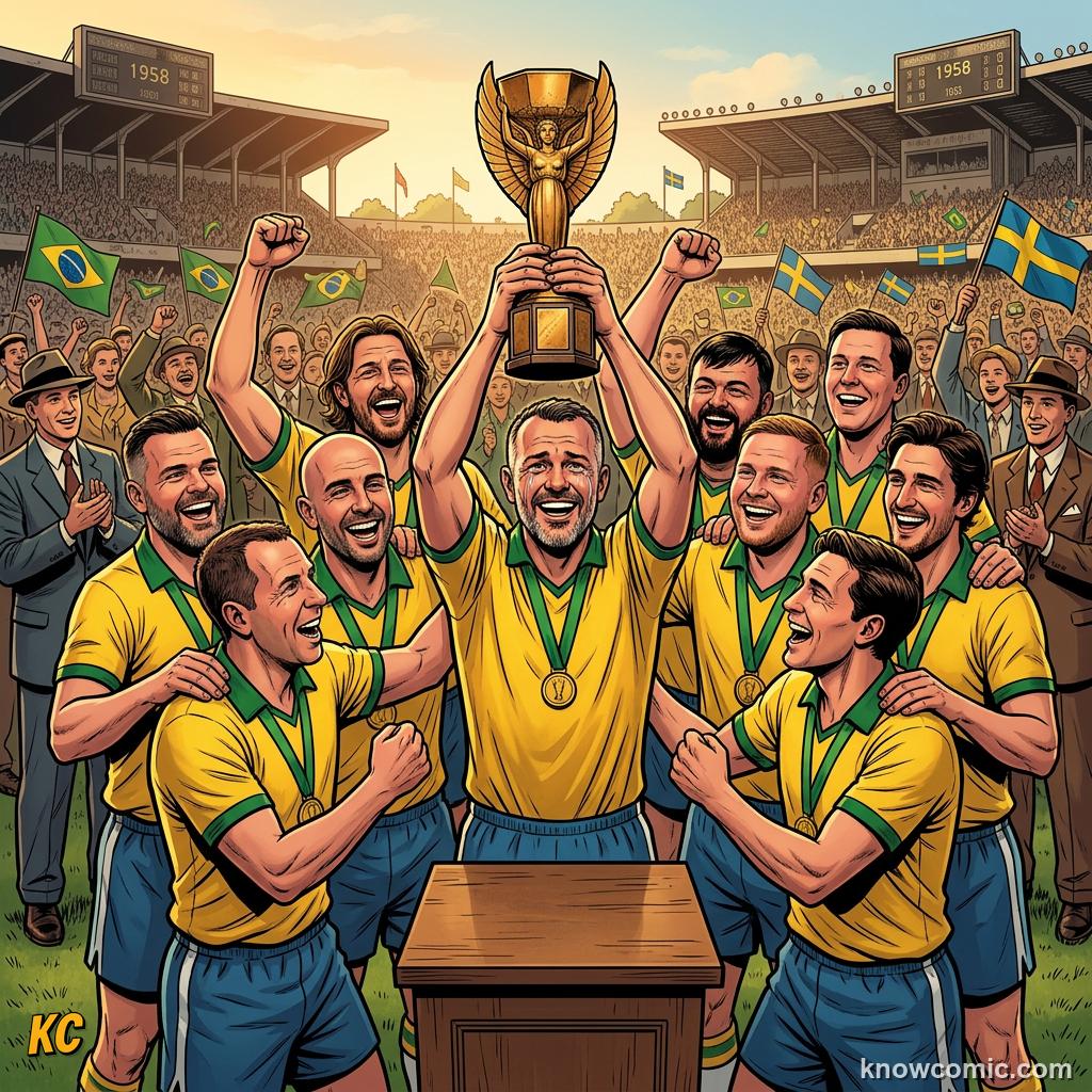 Comic panel titled from injury to perfection, labelled sweden, from the KnowComic World Cup 2026 lesson on pelé: the king's story