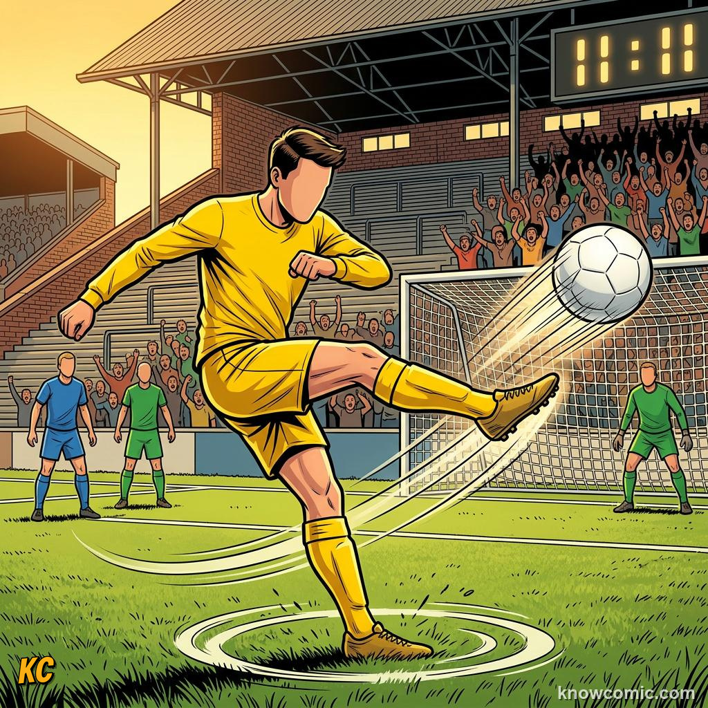 Comic panel titled from injury to perfection, labelled goals, from the KnowComic World Cup 2026 lesson on pelé: the king's story