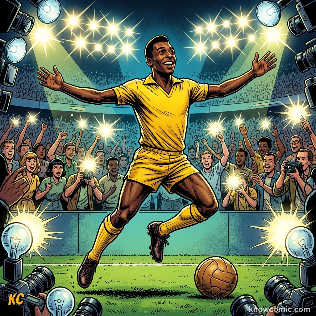 Comic panel titled from injury to perfection, labelled breakout, from the KnowComic World Cup 2026 lesson on pelé: the king's story