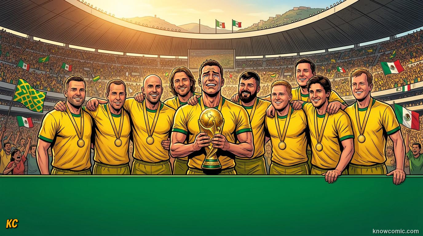 Comic panel titled from injury to perfection, labelled three cups, from the KnowComic World Cup 2026 lesson on pelé: the king's story