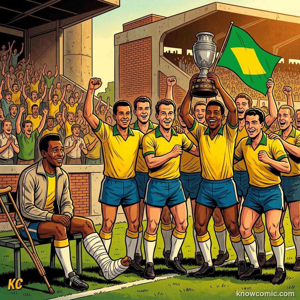 Comic panel titled from injury to perfection, labelled 1962, from the KnowComic World Cup 2026 lesson on pelé: the king's story