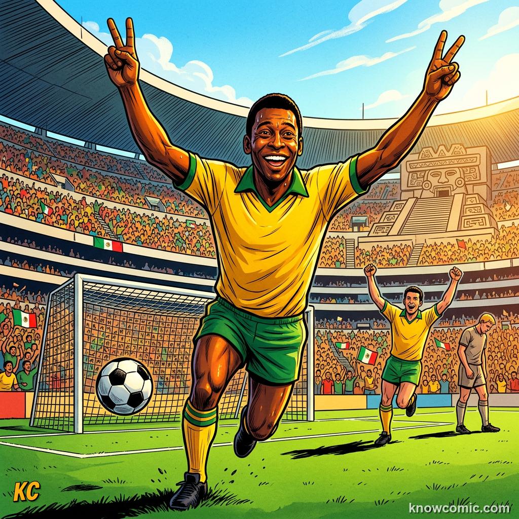 Comic panel titled from injury to perfection, labelled 1970, from the KnowComic World Cup 2026 lesson on pelé: the king's story