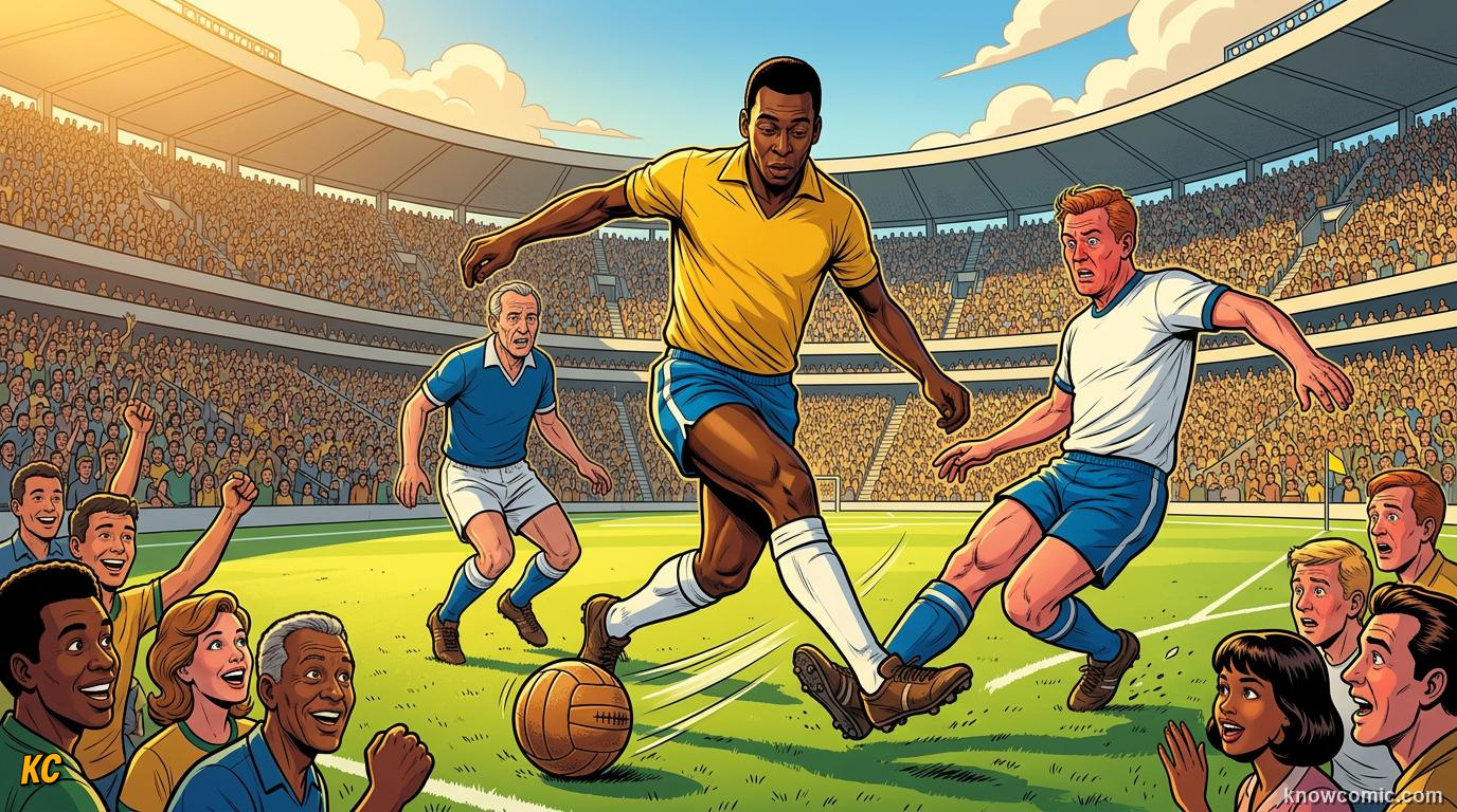 Comic panel titled the king of football, labelled o rei, from the KnowComic World Cup 2026 lesson on pelé: the king's story