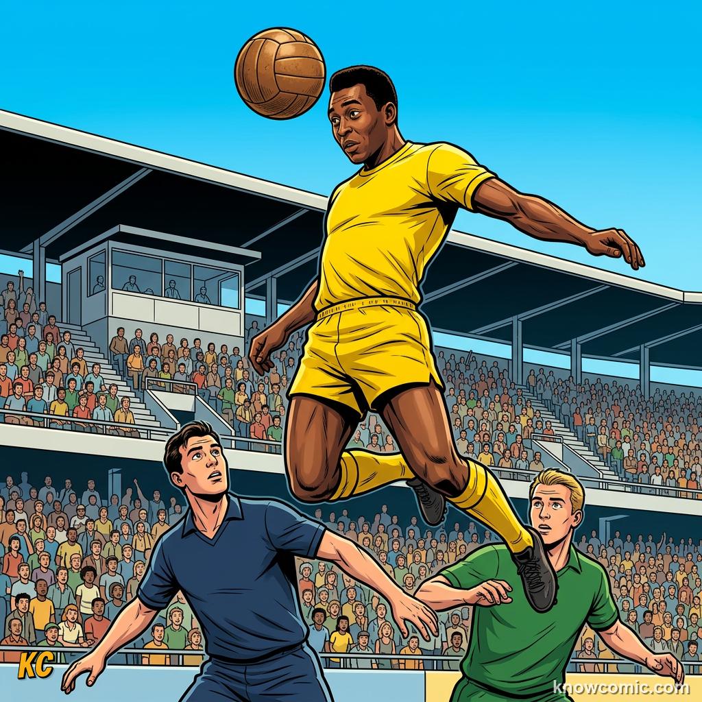 Comic panel titled the only three-time winner, labelled skill, from the KnowComic World Cup 2026 lesson on pelé: the king's story